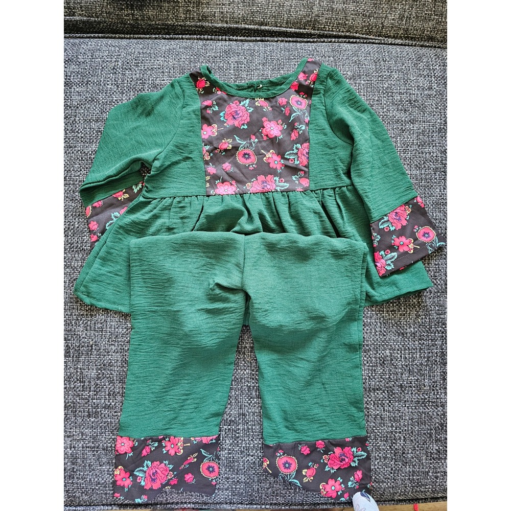 Unbranded Floral Pant Set Toddler Girls 2-3Y Green Excellent Peplum Long Sleeve